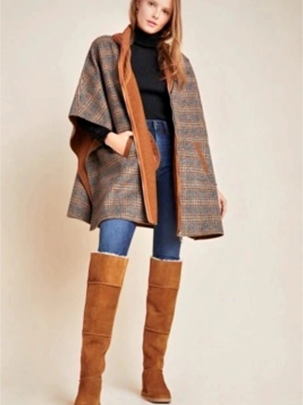 Anthropologie Neutra Mot Plaid Cape in Brown & Gray NWT